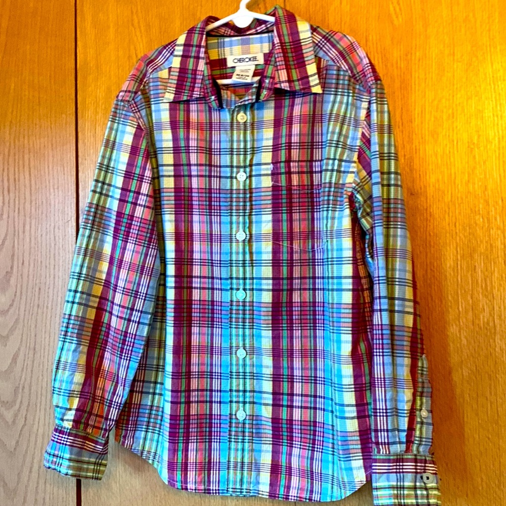 Cherokee boy’s plaid cotton button down shirt size MED pastels purple like new